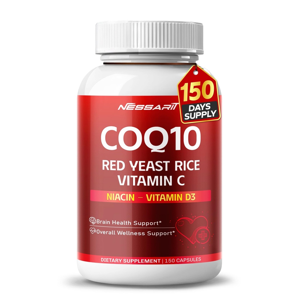 COQ10 + Red Yeast Rice Supplement - 10- in-1 Natural Blend with Omega 3 Witamina B3, K2, D3, Cynk Milk Thistle Black Pepper - 150 Count - Made & Tested in The USA