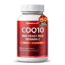 COQ10 + Red Yeast Rice Supplement - 10- in-1 Natural Blend with Omega 3 Witamina B3, K2, D3, Cynk Milk Thistle Black Pepper - 150 Count - Made & Tested in The USA