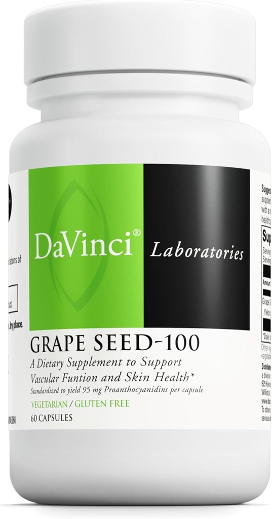 DAVINCI Labs Grape Seed - 100 - Suplement diety do wsparcia układu immunologicznego, funkcji naczyniowej i zdrowej skóry * - 100 mg Grape Seed Extract per Serving - Gluten- Free - 60 Kapsułki wegetariańskie