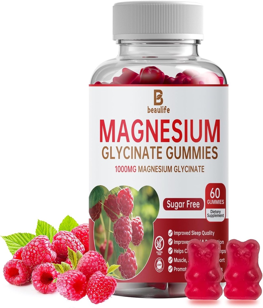 Glucynian magnezu Gummie, Suplement magnezu, Glicynian magnezu, Witamina C, D, B12, CoQ10, do uspokajania nastroju i mięśni, Sen, dla dorosłych, 60 Gumiaki