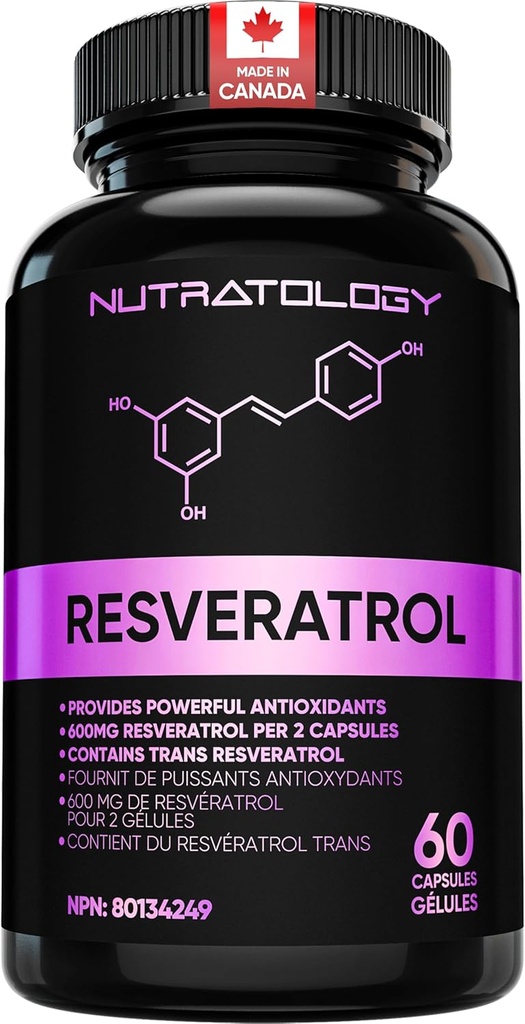 Nutratology Resveratrol Suplement - Potencjalny suplement przeciwutleniacz - Anti Aging Trans Resveratrol - Zwiększa zdrowie układu krążenia, Regeneracja komórek i wzrost włosów - 60 Kapsułki - 30 Służenie