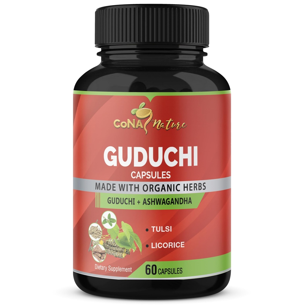 Organic Giloy Guduchi Extract Kapsułki & Ashwagandha, Licorice, Święty Basil 124; Immune Booster