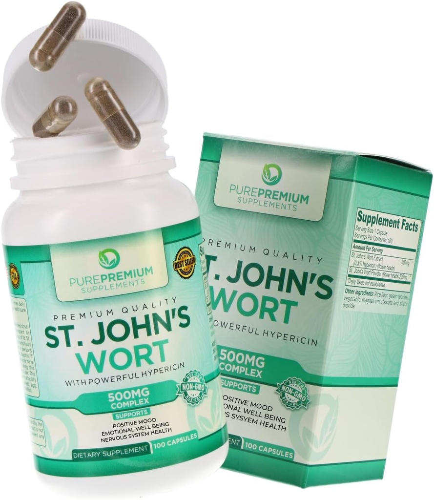 Pure Premium St. Johns wrzód kapsułki 500mg - Suplement do wsparcia nastroju - Herbal & Natural Normal Stress Supplements - St John Wort Support pozytywne nastroje dla mężczyzn i kobiet - 3 miesiące dostaw - 100 Kapsułki