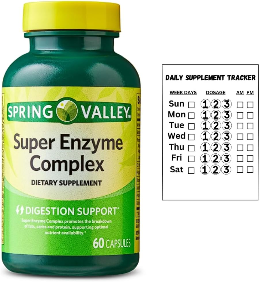 Spring Valley Super Enzyme Complex Suplement diety dla wsparcia trawiennego, 60 Kapsułki + Daily Supplement Tracker Sticker