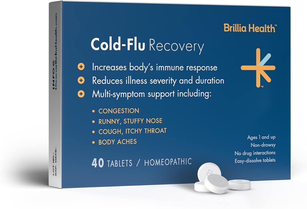 Brillia Health - Cold- Flu Recovery - 40 Tablets - Homeopatic Cold- Flu Relief - Proven Relief for Cold, Flu & Cough - dla dorosłych i dzieci