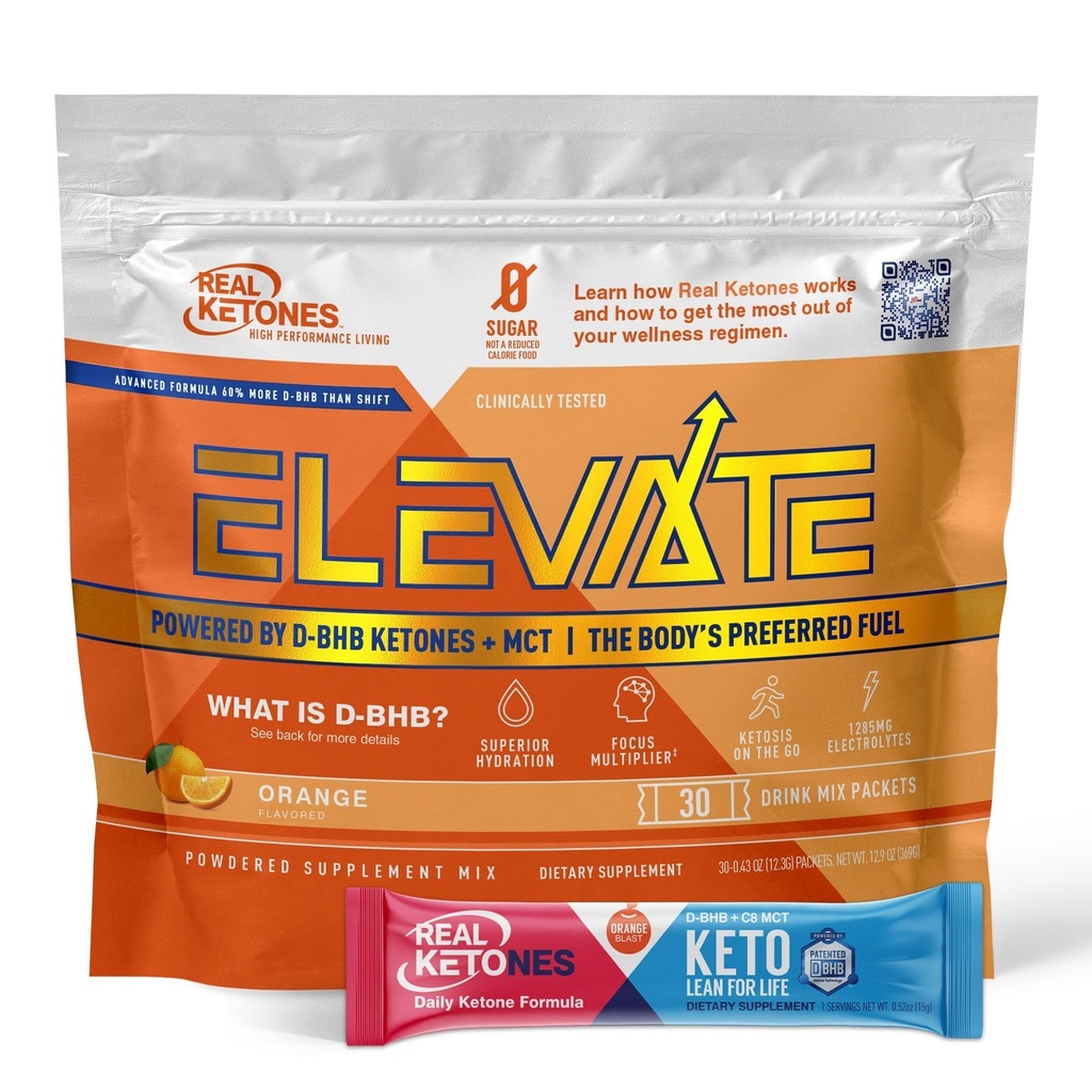 Prawdziwe Ketones MCT & BHB Exgenous Ketones Drink Mix Pakiety Podnieść Keto Electrolytes w proszku Pakiety bez cukru z 4 Główne elektrolity Plus Hydrating Proprietary Keto BHB - 30 Pack Orange