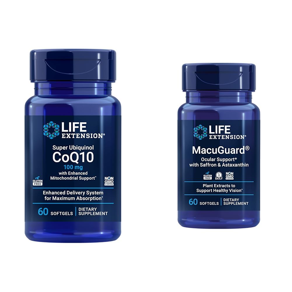Przedłużenie życia Super Ubichinol CoQ10 Heart Health Cellular Energy 60 Softgels & Macuguard Ocular Support Lutein Zeaksantyna Saffron Astaksantyna Eye Health 60 Count
