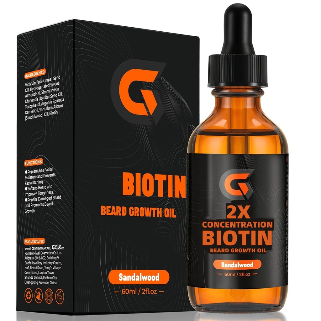 2X Koncentracja Biotin Beard Growth Oil for Men - Leave- In Conditioner & Softener - Moisturizes, Tickens, Wzmocnienia i Promotes Facial Hair Growth - Organic Argan & Jojoba Oil - 2fl. Oz