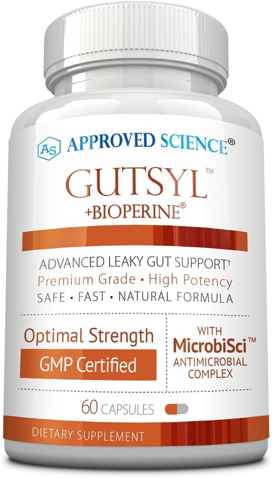 Zatwierdzone Science ® Gutsyl - Leaky Gut Supplement - Chroń GI Tract z Aloe Vera, Marshmallow Root, Licorice i Slippery Elm - Zawiera Prebiotyczne i BioPerine - 60 Kapsułki