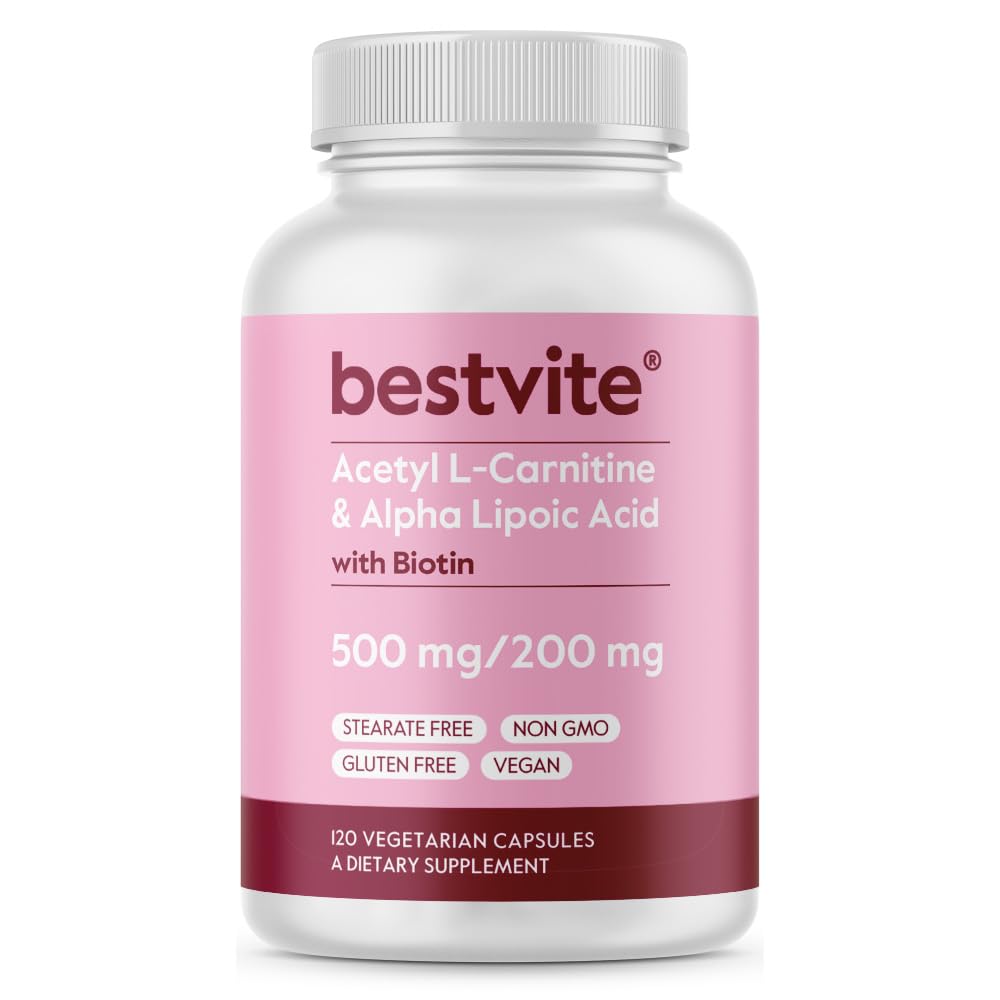 BESTVITE Acetyl L-Carnitine 500mg & Alpha Lipoic Acid 200mg per Capsule with Biotin (120 Vegetarian Capsules) - No Stearates - Vegan - Non GMO - Gluten Free