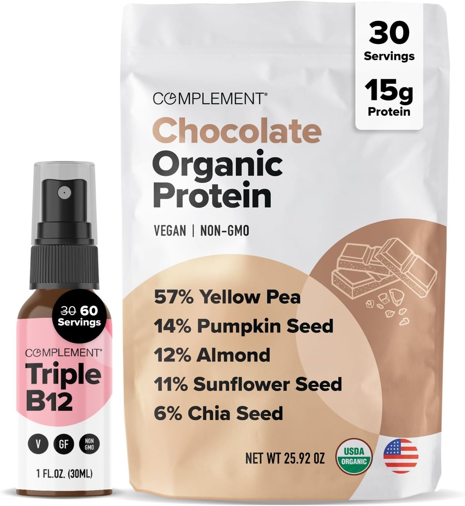 Uzupełnienie Organic Chocolate Vegan Protein Powder & Triple B12 Pasek rozpylający - Białko oparte na plantacji i niezbędne B12 Suplementacja dla energii i Wellness