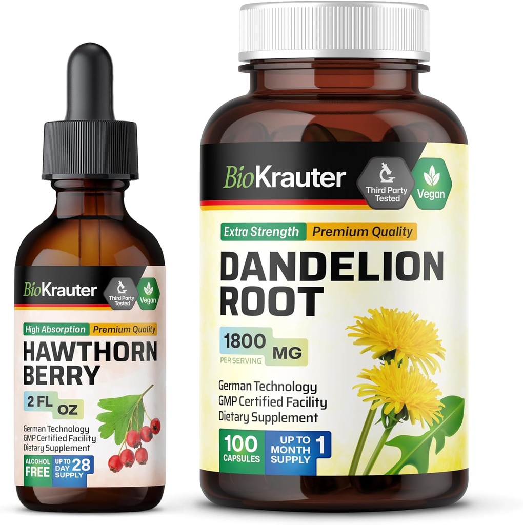 BIO KRAUTER Hawthorn nalewka 2 Fl. Oz. & Dandelion 100 kapsułki