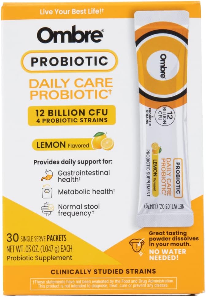 Ombre Daily Care Probiotic Powder - Prebiotyki i Probiotyki dla kobiet, mężczyzn i dzieci - Szybkie rozpuszczanie proszku Promotes Digestive Health & Ogólne Wellness - 12 Miliard CFU - Lemon Flavor, 30 Pakiety