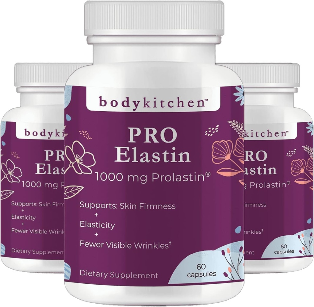 Ciało Kuchnia Pro- Elastin 1000 mg Suplement Elastin, Redukcja objawów starzenia, Poprawa zdrowia skóry, jędrność i elastyczność, Mniej zmarszczki, Veggie Czapki (Opakowanie 3)
