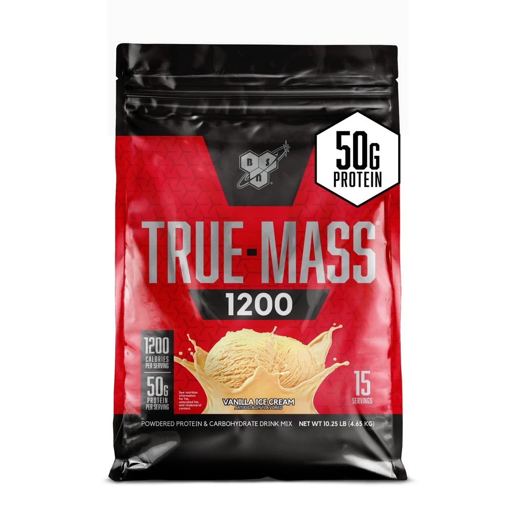 BSN TRUE- MASS Waga Gainer, Mięśnie masy Gainer Protein Powder, Wanilia Lody, 10.25 Funt
