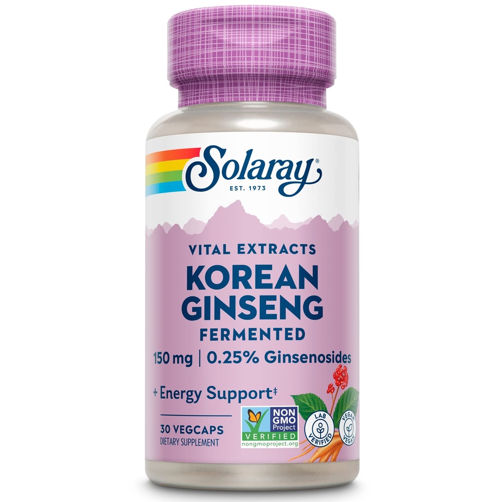 SOLARAY Fermentowany koreański ekstrakt korzeniowy Ginseng 124; Zdrowy stres, Energia & Fizyczna Endurance Wsparcie 124; Wegan, Non-GMO 124; 30 VegCaps