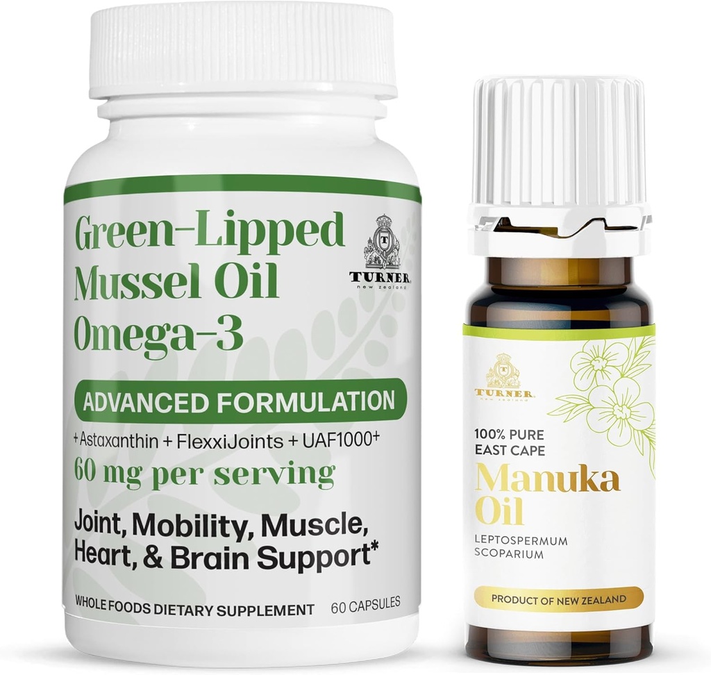 TURNER Nowa Zelandia Omega-3 Green Lipped Mussel Oil, 53x Wyższa moc dla Superior Joint Comfort & Mobilność, No Fishy Aftersmast, 1 butelka, 60 Softgels Plus 1 butelka oleju Manuka