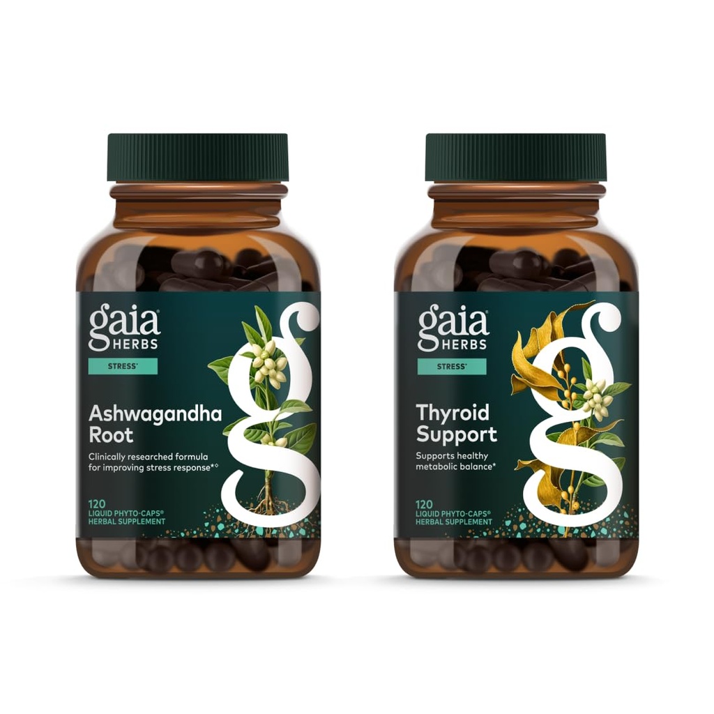 Gaia Herbs Ashwagandha Root - Made with Organic Ashwagandha Root - 120 Vegan Liquid Phyto- Capsules & Thyroid Support - Support Healthy Metabolic Balance and Overall Well- 120 Vegan Liquid Phyto