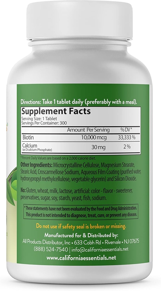 California Essentials Biotin 10000mcg Biotin 124; Witamina B7 promuje zdrową skórę, włosy i paznokci wzrost 124; Wysokiej mocy suplement diety dla mężczyzn i kobiet 124; Non-GMO, Wegan, Gluten & Dairy Free (300 Tablets)