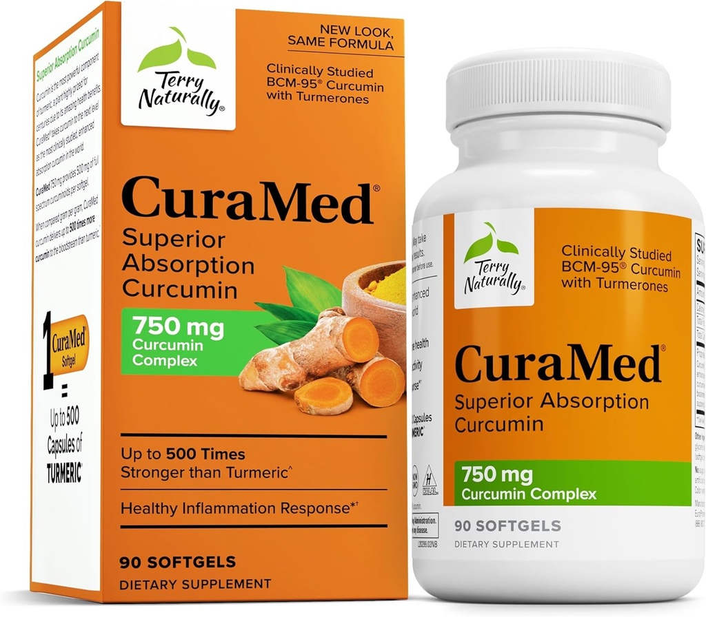 Terry Natural CuraMed 750mg - Suplement przeciwutleniający do wsparcia zdrowia mózgu i serca - Suplement dietetyczny z kompleksem kurkuminy o dużej mocy - Nerki, Wątroba i Immune Health Support - 90 Softgels