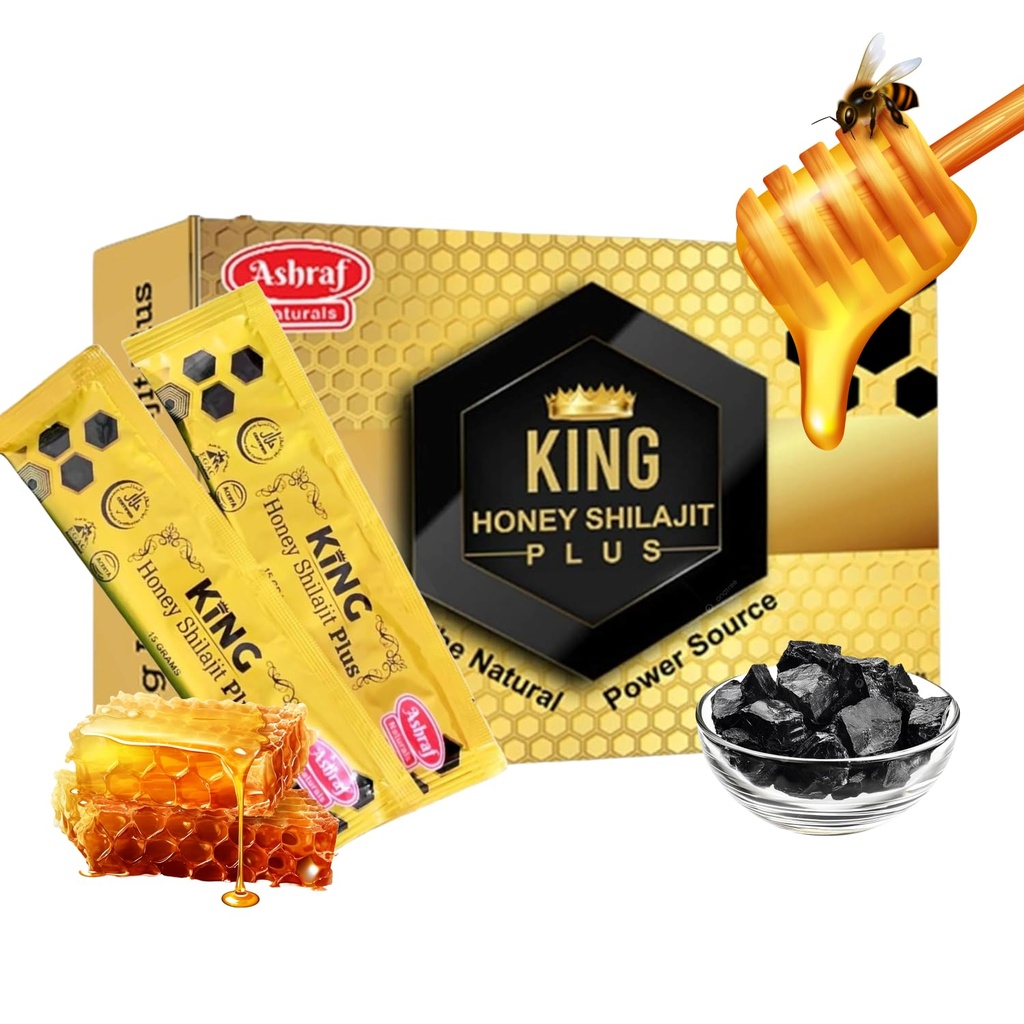 Ashraf Naturals King Honey Shilajit Plus - Premium Honey & Himalayan Shilajit Mieszanka z ekstraktami ziołowymi, Natural Energy & Vitality Support, 15 Sachets x 15g