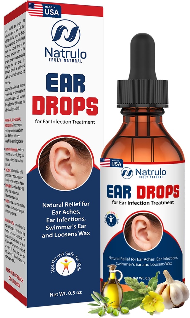 Natrulo Ear Drops for Ear Infection - Organic Ear Drops for Adult, Kids, Baby, Dog & Pets - for Ear Aches, Itchy Ears, Infections, Swimmer 's Ear, & Loosen Wax - Dzieci bezpieczne, Made in USA