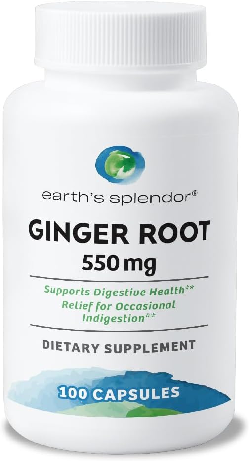Ziemskie splendor imbir root 550 mg suplement dla mężczyzn i kobiet, wspiera zdrowie pokarmowe, bez sztucznego koloru lub środków konserwujących (550 mg, 100 kapsułek)