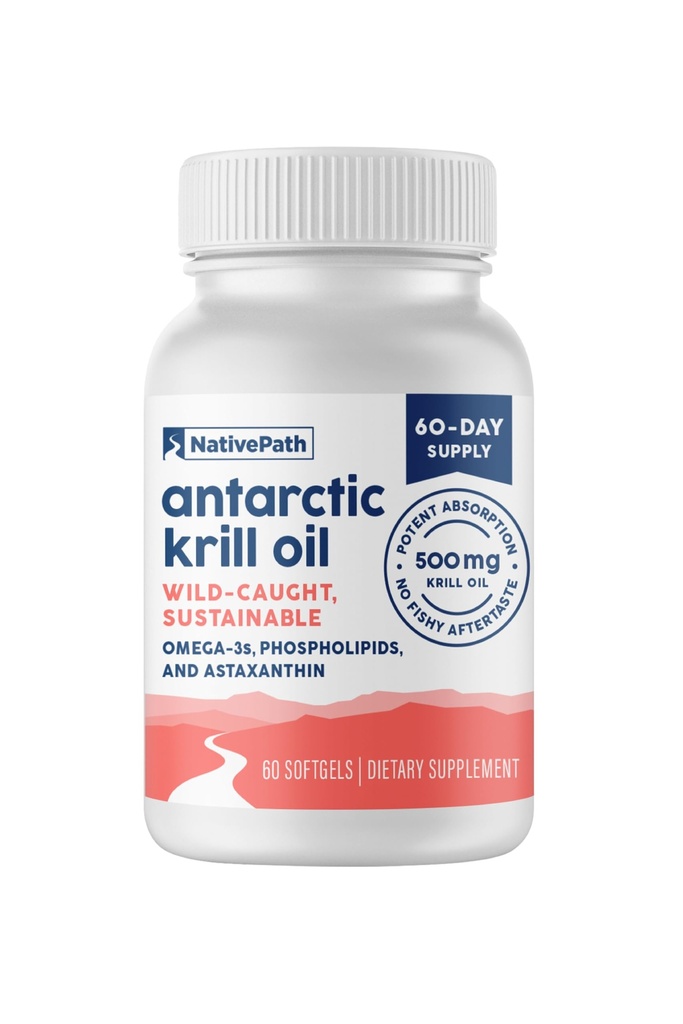 NativePath Antarctic Krill Oil - Wild- Caught Omega 3 Krill Oil 500mg Softgels with EPA, DHA and Astaxanthin - Supplement for Joint, Heart, Brain and Immunity - 60 ct - No Fishy Aftertaste