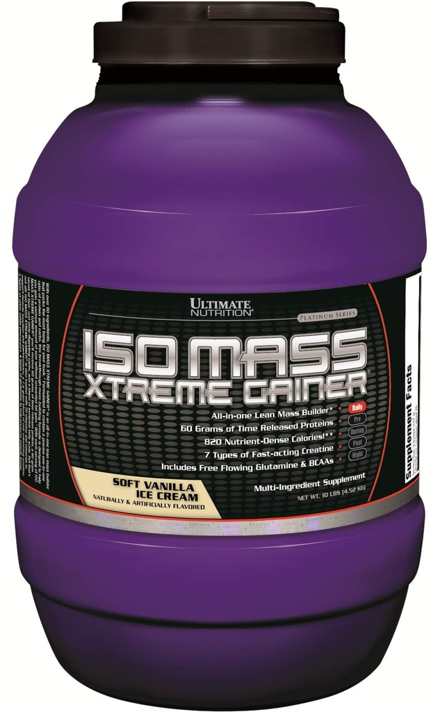 Ultimate Nutrition ISO Mass Gainer Xtreme, Gainer Weight Protein Powder z kreatrem, 60 Gramy białka, Serwatka Isolate Protein Powder for Lean Muscle Gain, 10 LBS z 30 Słupki, Vanilla Lody