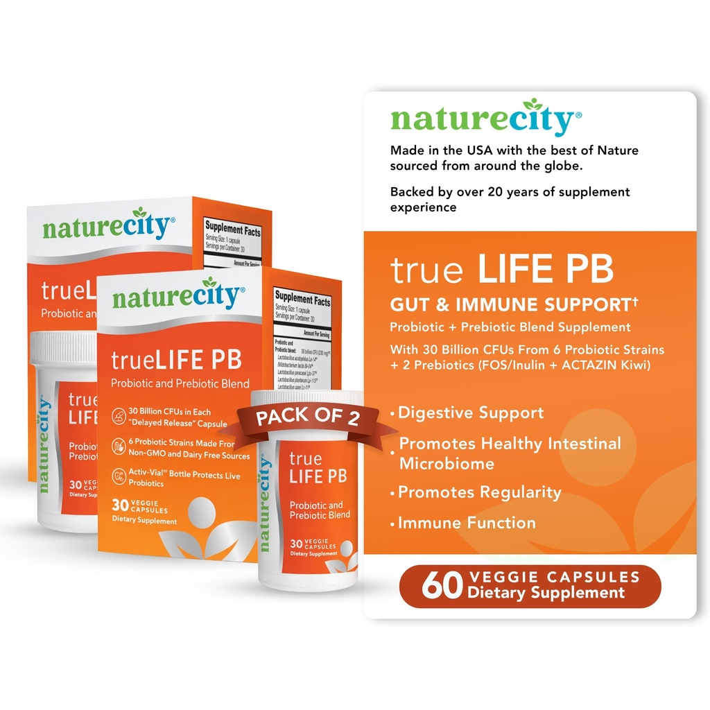 NatureCity True- Life- PB Półka Stabilny Mieszanka Prebiotyki i Probiotyki dla Kobiet i Mężczyzn - Żywotne Gut Suplementy Zdrowia dla Kobiet i Mężczyzn - Wolny od Mleka - (60 Kapsułki Veggie)