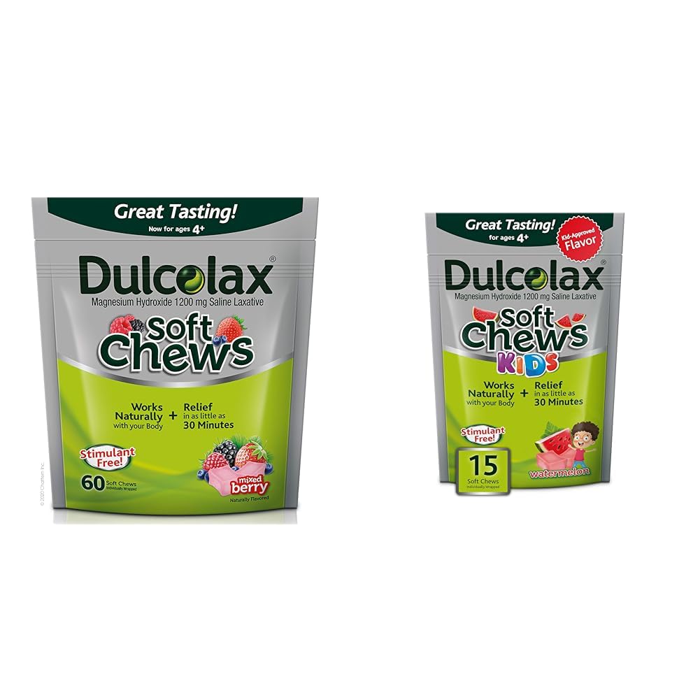Dulcolax Soft Chews Saline Laxative Mixed Berry (60ct) Delikatne zaparcia Relief & Dzieci Miękkie przekąski Saline Laxative Arbuz Delikatny Zaparcia Relief, Magnez