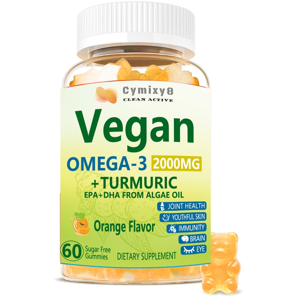 Vegan Omega 3 & Turmeric Gummies 2500mg, Algae Omega 3 DHA 800mg & EPA 400mg, z MSM, Witamina D3, Turmeric Root Extract for Brain, Eye, Joint, Fish Oil Supplements Alternative, Cukier wolny