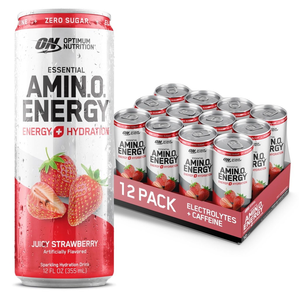 Optimum Nutrition Amino Energy Sflaging Hydration Drink, Electrolytes, Kofeina, Amino Acids, BCAA, Sugar Free, Juicy Strawberry, 12 Fl Oz, 12 Pack (Packaging May Vary)