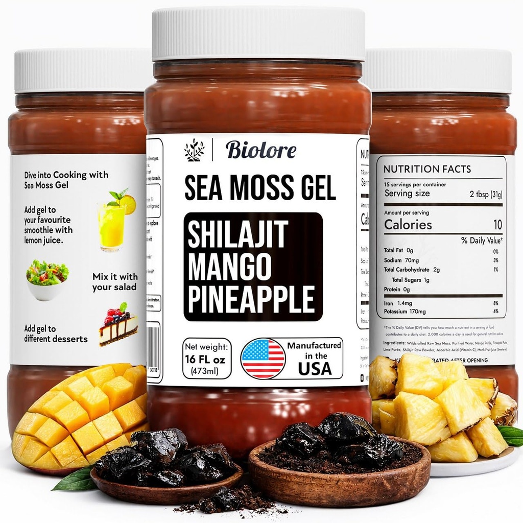 Biolore Wildcrafted Sea Moss Gel z Shilajit - Mango Ananas 16 oz - Flavored Sea Moss Gel z Esential Vitamin & Ślad Minerals - Wegan Superfood - Made in USA, Gluten- Free, No Added Sugar