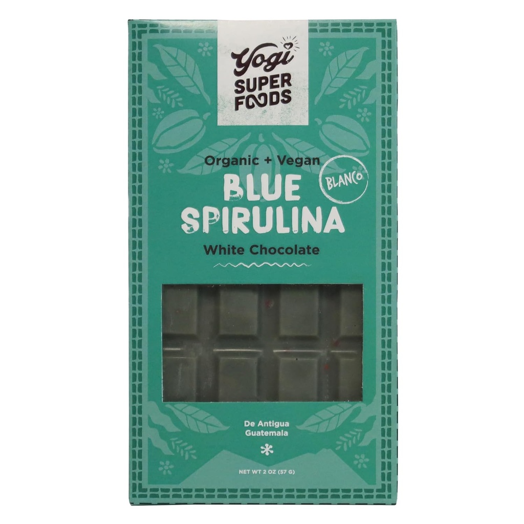 Yogi Super Żywność Wegan Biała Czekolada Blue Spirulina Bar, Zdrowy i organiczny dla energii Boost z surowego masła Cacao, Gluten Free Oats, Sweetened with Panela Sugar, Orzechy Makadamia - 1 Bar