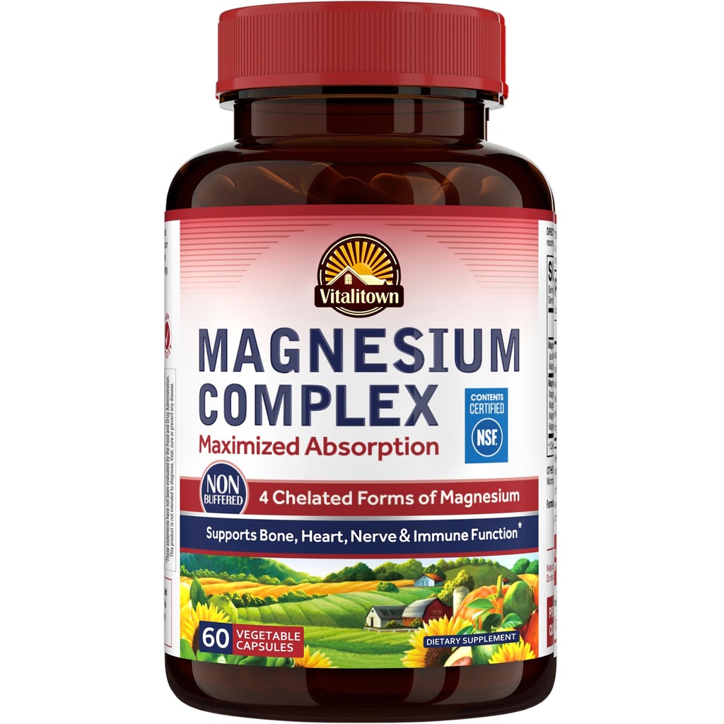 Vitalitown Magnezu Complex Supplement 500mg - Maksymalna absorpcja NSF Certyfikowany chelatowany glicynian magnezu, jabłczan, Taurate & Citrate - Vegan Non-GMO dla snu, Energia & Serce 60 Czapki