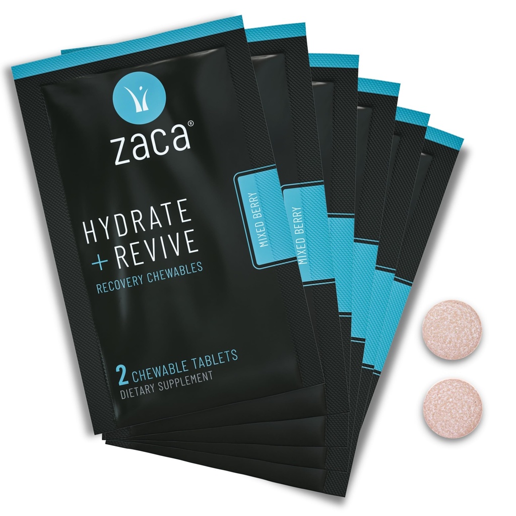 Zaca Recovery Chewable Supplement Agregable 124; Hydrate + Revive Agregat 124; Party, Travel, Ćwiczenia & Wysokość Agregat 124; Sugar Free & Gluten Free Agregates 124; Mieszane Berry, 6 Pakiety = 12 Tabletki