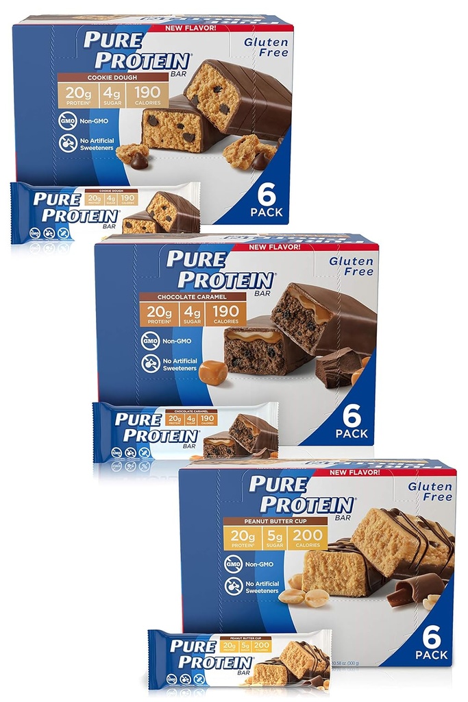 Czyste bary protein, wysoki poziom białka, odżywcze przekąski do wsparcia energii, niski cukier, Gluten wolny, Guilt Free Variety Pack (Cookie Dugh / Choc Karmel / Masło orzechowe Puchar), 1.76 oz, Opakowanie po 18