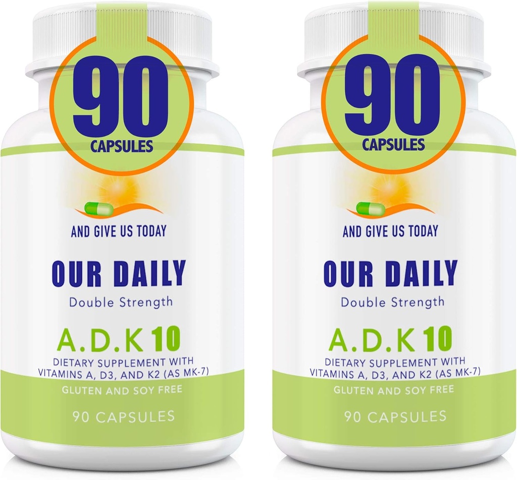 Nasze codzienne Vites ADK 10 Double Strength (10 000 iu) Vitamin A1, D3 & K2 (jako MK7) - Wsparcie dla pacjenta w postaci kości i układu immunologicznego - Gluten Free, Non GMO - 180 Kapsułki wegetariańskie