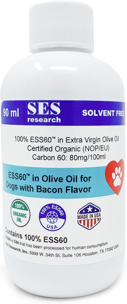 SES Research C60 for Dogs in Organic Extra Virgin Olive Oil - Zwierzęta domowe Bekon aromatyzowane suplement przeciwutleniacz - Rozpuszczalnik wolny - Immunitet Booster - Boosts Energy & Mood - Focus - 90ML
