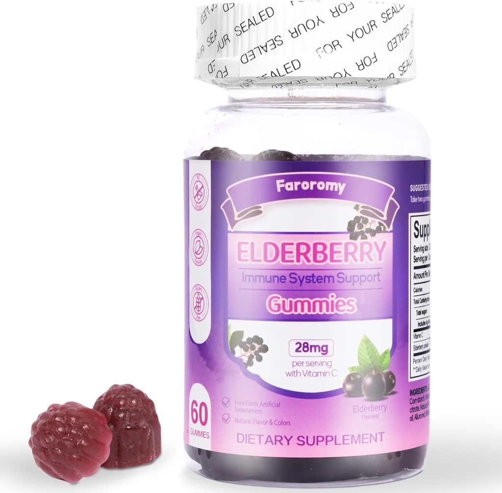 Gummy z jagodami Sambucus z witaminą C Suplement wsparcia immunologicznego dla kobiet i mężczyzn, Gummy z aromatu, 30 Day Supply - 60 Count