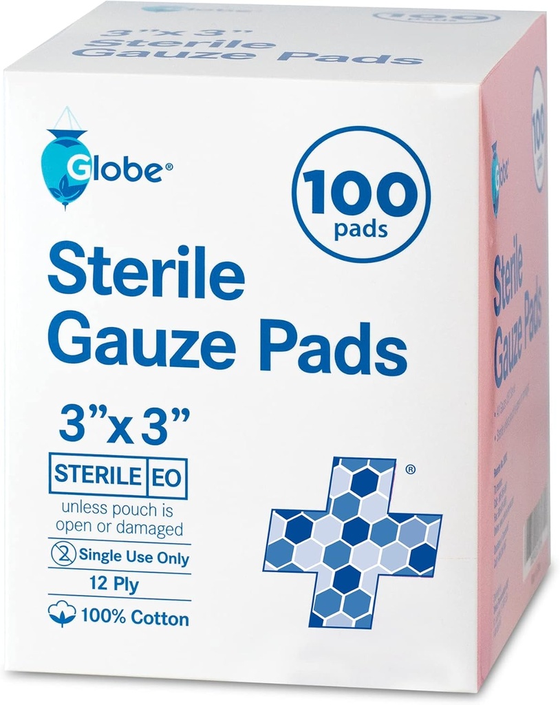 Globe 3 "x 3" Advanced Steryl Gauze Pads, 100- Pack Indywidualnie pakowany - 12- Ply Cotton for Wound Care Dressing, Wysoko Absorbent Bandaże do domu & awaryjne - Podróże i pierwszy zestaw pomocy zasadnicze