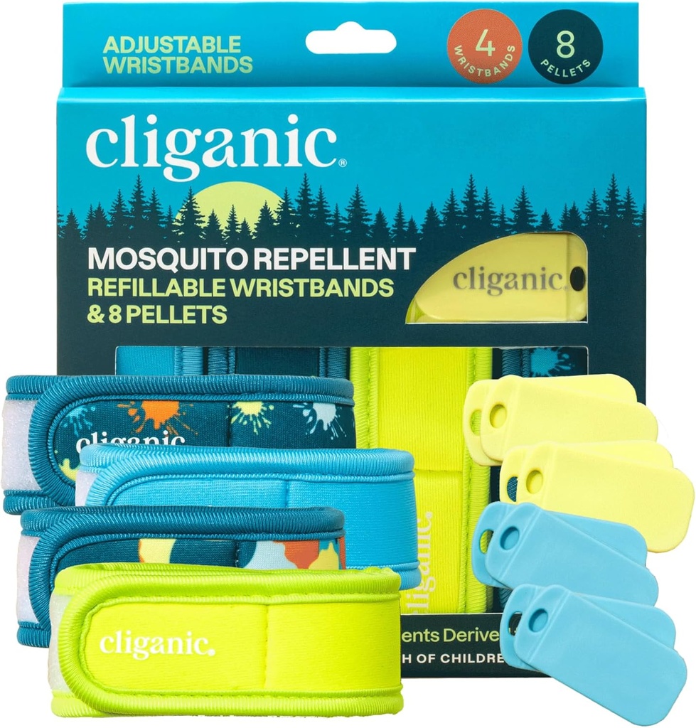 Cliganic Mosquito Repelent Pack (4 opaski na nadgarstki + 8 Pellets Refill) - Regulowany, Natural DEET- Free, Esential Oil Infused