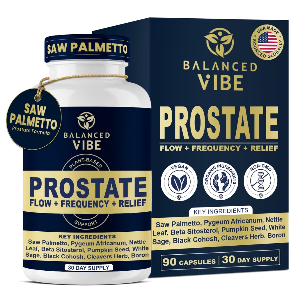 Balanced Vibe Prostate Support Supplement dla mężczyzn 124; Organic Plant-based Formuła z Saw Palmetto, Pygeum & Beta- Sitosterol 124; Wsparcie Flow & Comfort, Dzień i noc 124; 90 Kapsułki Vegan