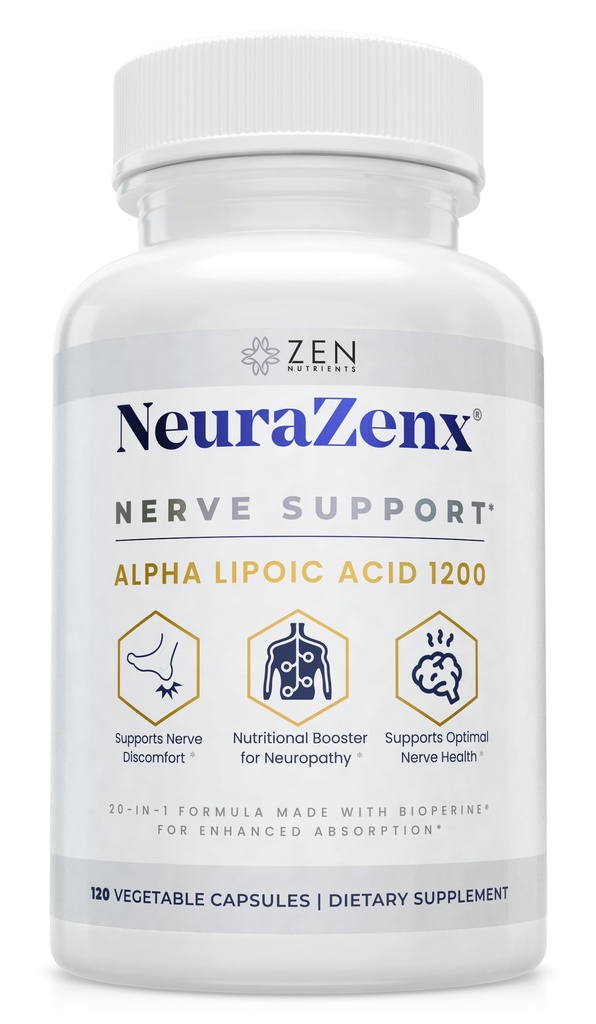 Zen Nutricents NeuraZenX Nerve Support & Peripheral Neuropathy Supplement with 1200mg Alpha Lipoic Acid (ALA), Benfotiamine, L- Carnitine, and Turmeric