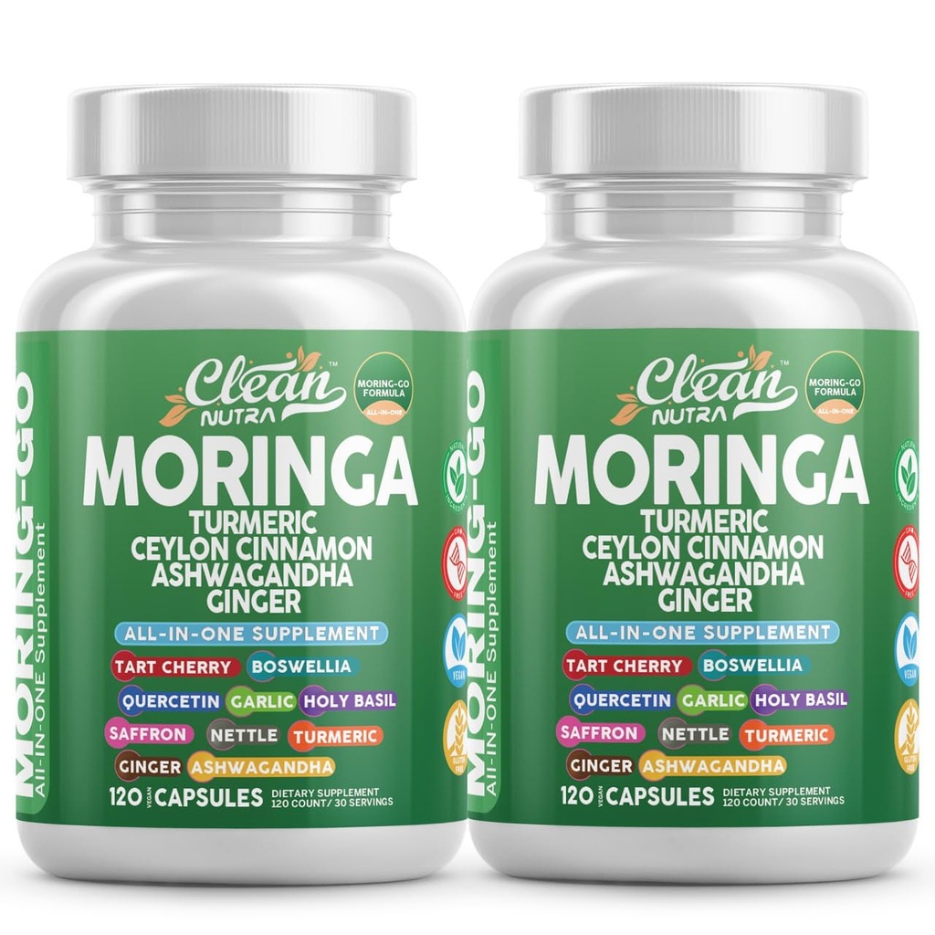 Moringa Powder Kapsułki + Turmeric Moringa Leaf Ceylon Cynamon Ashwagandha Ginger Tart Cherry Boswelia Quercetin Czosnek Święty Basil Saffron Nettle Black Pepper Moring- Supplement by Clean Nutra (2)