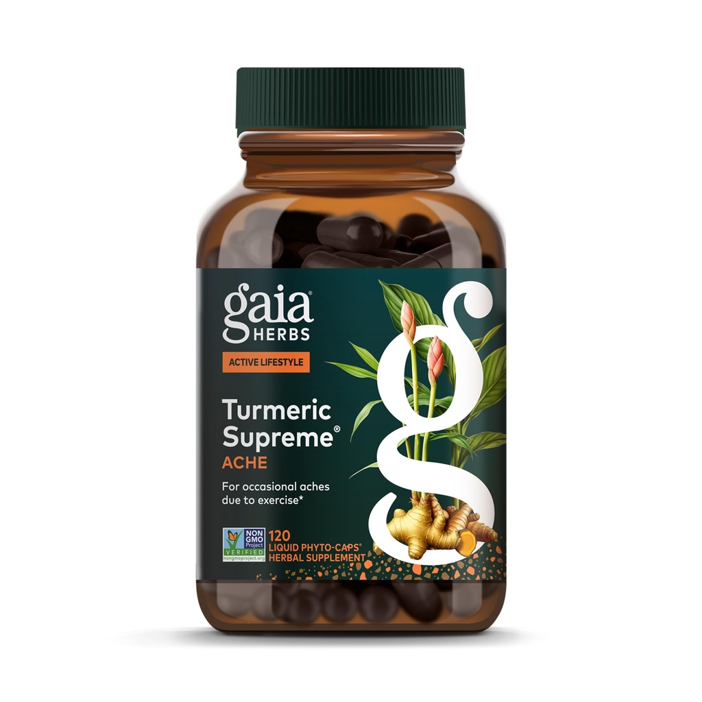 Gaia Herbs, Turmeric Supreme Pain, Herbal Pain Supplement z kurkumami, Vegan Liquid Kapsułki, 120 Count