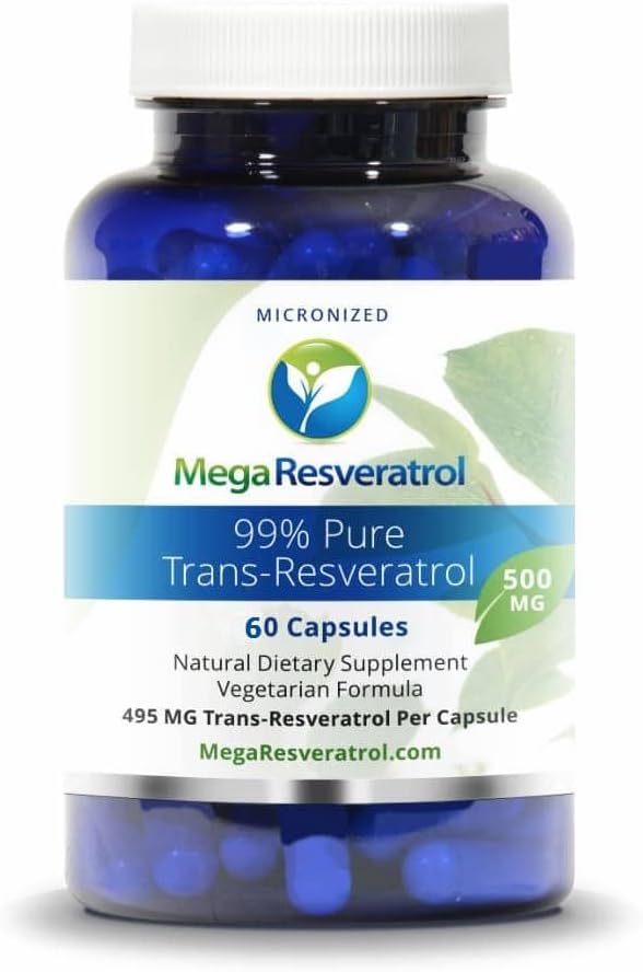 Mega Resveratrol, stopień farmaceutyczny, 99% Czysty, Izolat, Mikronizowany Trans- Resveratrol, 60 Kapsułki Veggie, 500 mg na kapsułkę. Czystość potwierdzona. Absolutnie NO Toksyczny "nieaktywny" Składniki dodane.