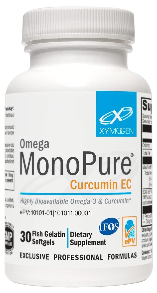 XYMOGEN Omega MonoPure Curcumin EC - Olej rybny z ulepszoną DHA EPA Absorpcja + Ekstrakt Turmerowy - Suplement Omega-3 do wsparcia równowagi cytokin (30 Softgels)