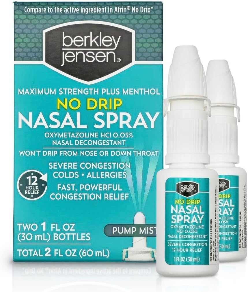 berkley jensen Brak kroplówki Ciężkie zatory nosowe Spray - Maksymalna moc Decongestant z Oxymetazoline HCl & Menthol - Pompa Mist Aplikator, No Steroid, 12 Hour Relief, 1 Ounce Fluid (Opakowanie 2)